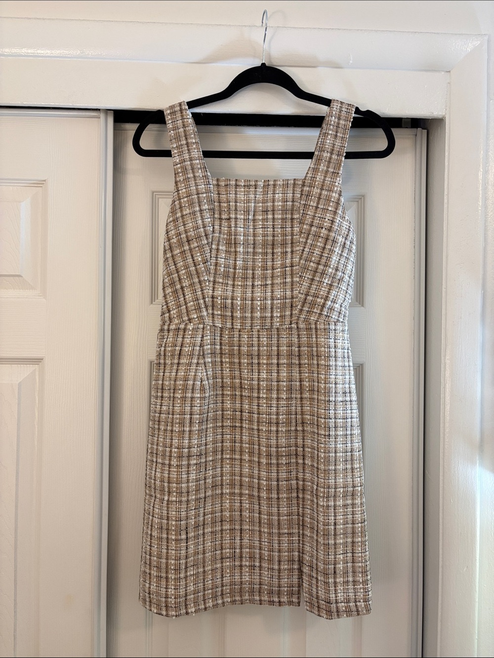 Monteau Beige Plaid Square-Neck Mini Dress